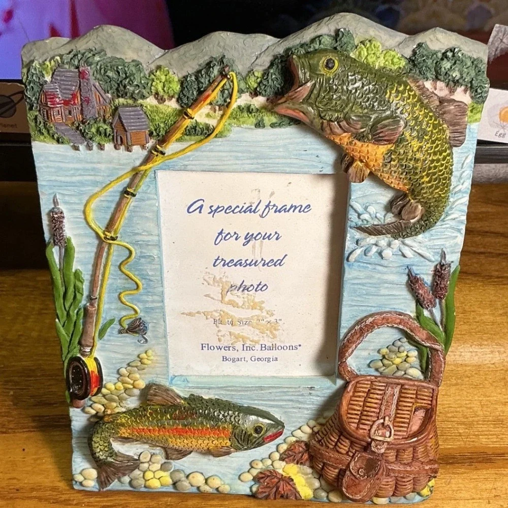 Flowers Inc Balloons Fishing Picture Frame Blue 3D Bass Trout decor 2x3 dadcore